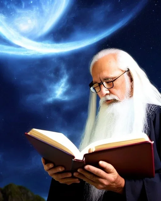 old man wizard with white reading a spellbook, long black robes, stars in the sky, fantasy, dragonlance, high detail,