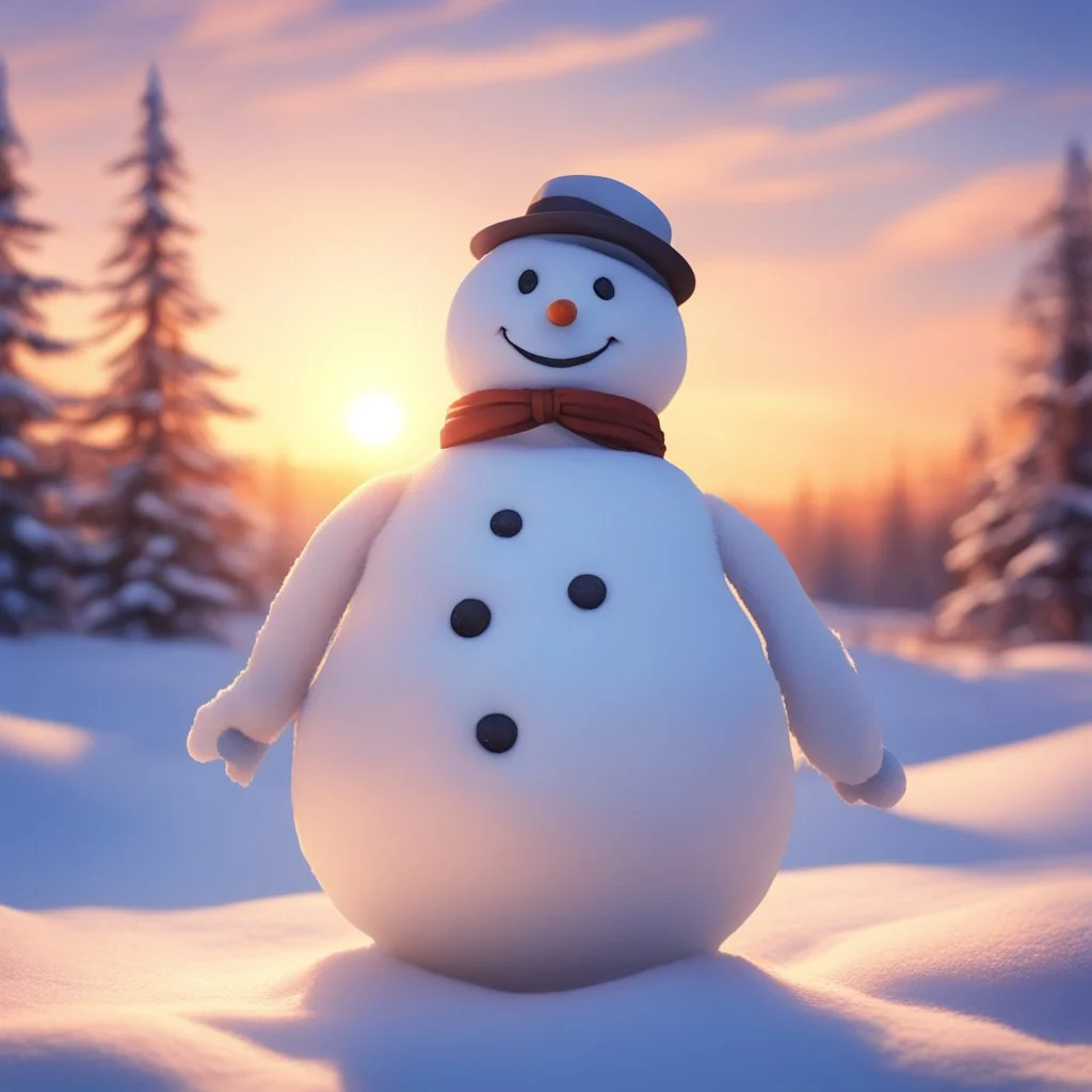 a smiling snowman, serene and peaceful sunset background, soft sunlight, beautiful anime art