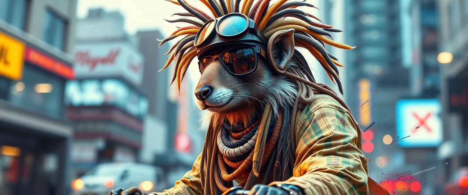 wall poster of transparent biker weasel rasta man with cute fur, in big cyberpunk city crossover, volume light and motion blur, airbrush and pen outline and paint smears, and splatter drops