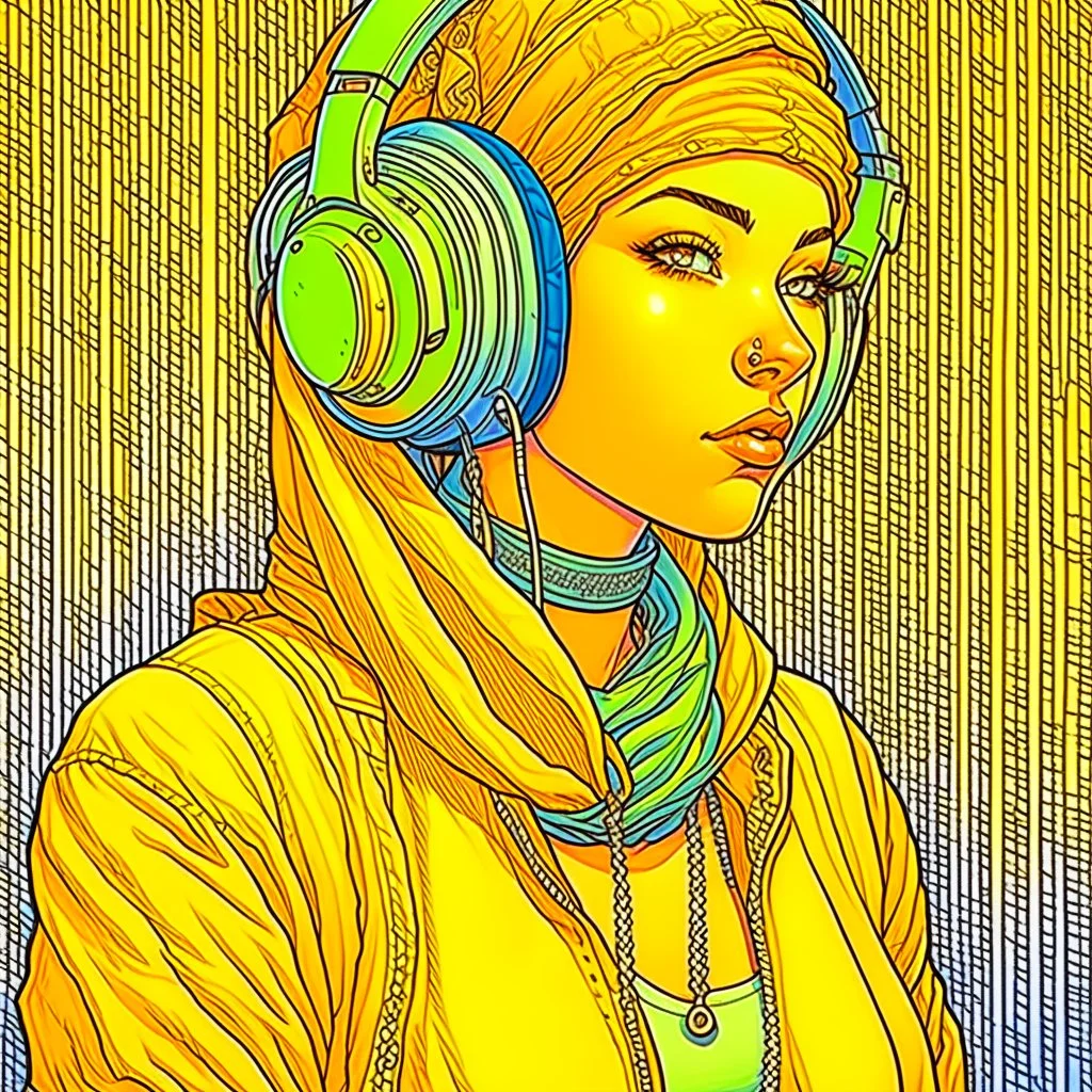 Moebius style scifi girl with headphones