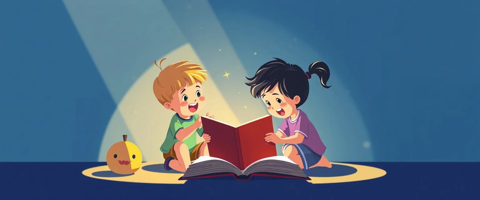illustration of preschool children playing. fantastic lighting, cute amine children's book proportions