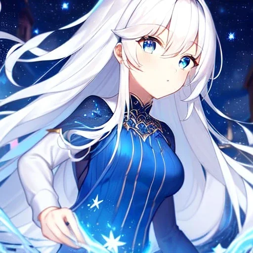 girl, masterpiece, best quality, volumetric lighting, detailed outfit, perfect eyes, white hair, blue eyes, long hair, starry dress,