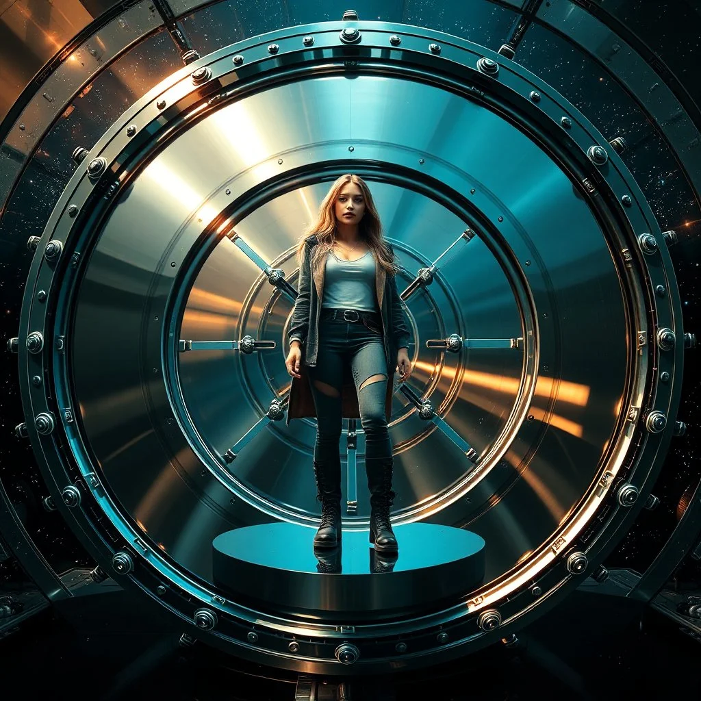 picture of a very huge real working physic based gyroscope with mirror surfaces in a inter star environment ,a very pretty lady with modern future clothing boots standing in main turning disk of gyroscope.1x1