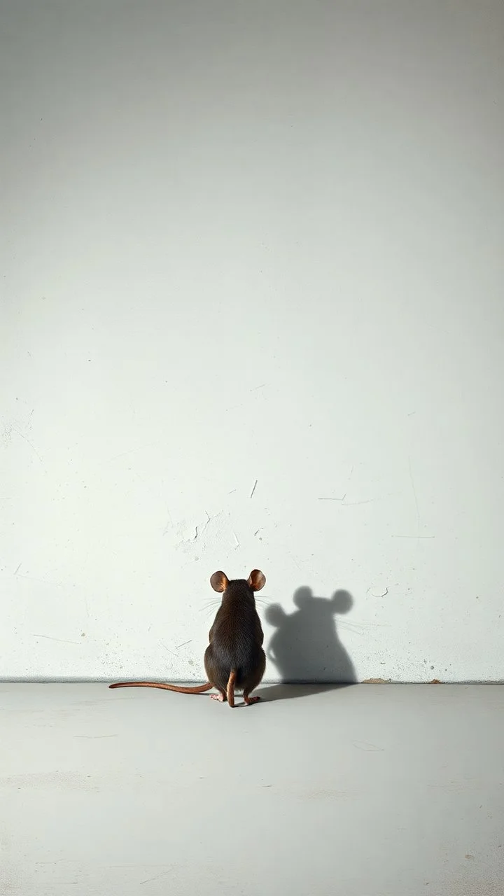 Bosch painting style, nightmare , a very small mouse standing in front of a big white wall with a giant shadow of the mouse on the white wall