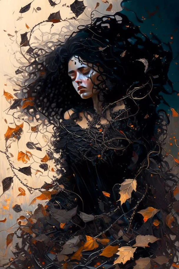 abstract creation of a beautiful girl with black curly hair, surrounded by black roses, thick metal chain broken, glass petals on the ground, autumn colours,dried out thorn bush, chaos,