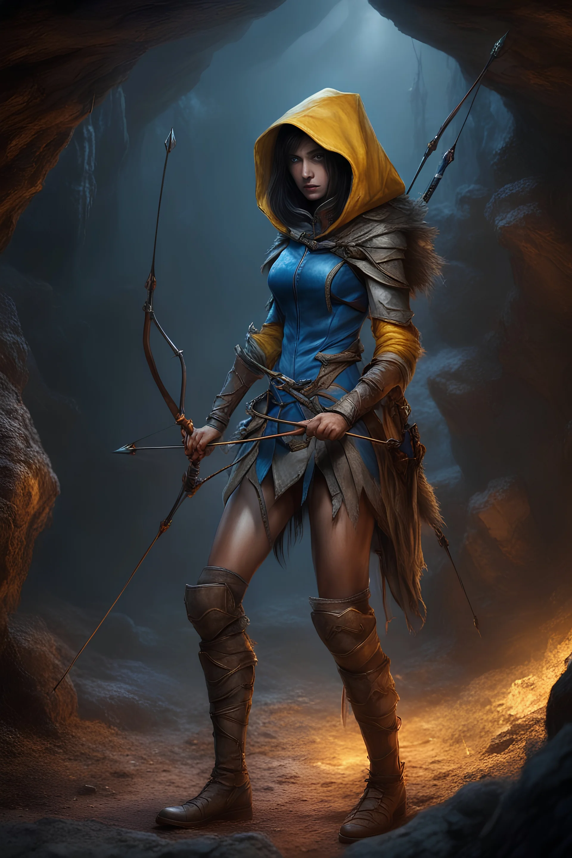 female, blue skin, yellow eyes, spider legs behind back, brown leather armor, holding bow, quiver of arrows, hood, black hair, hyper realistic, ruthless expression, stalking in the dark cave, dim glowing mushroom on cavern wall