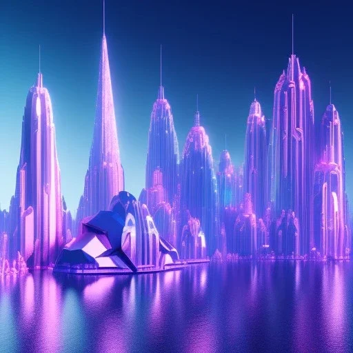 A very beautiful futuristic city, elegant, small crystal edifices, atmospheric, realistic, cinematic lighting, pink blue light, 8k, galactic atmosphere, flowers