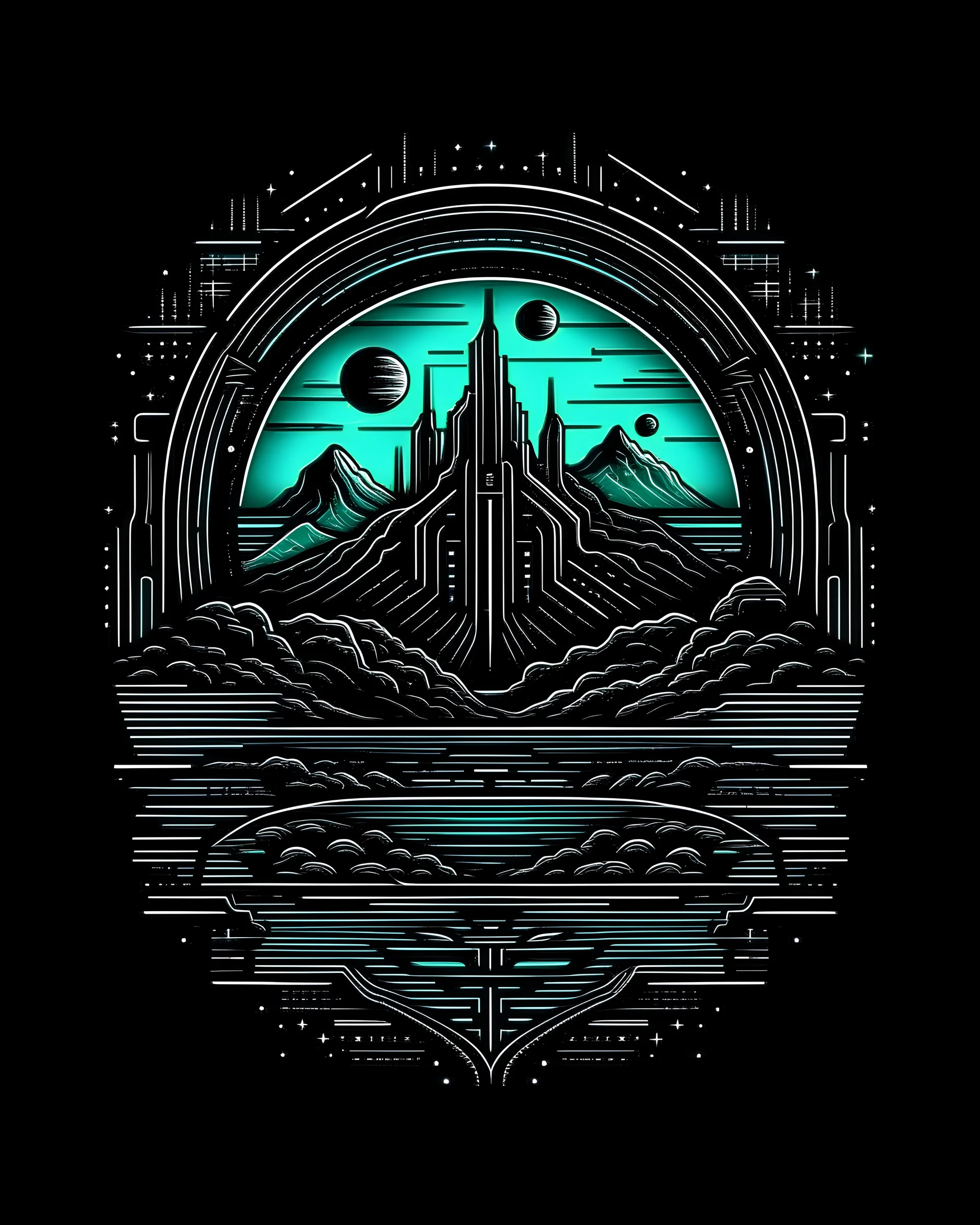 t-shirt vector, dark theme with futuristic future landscape, also sci-fi