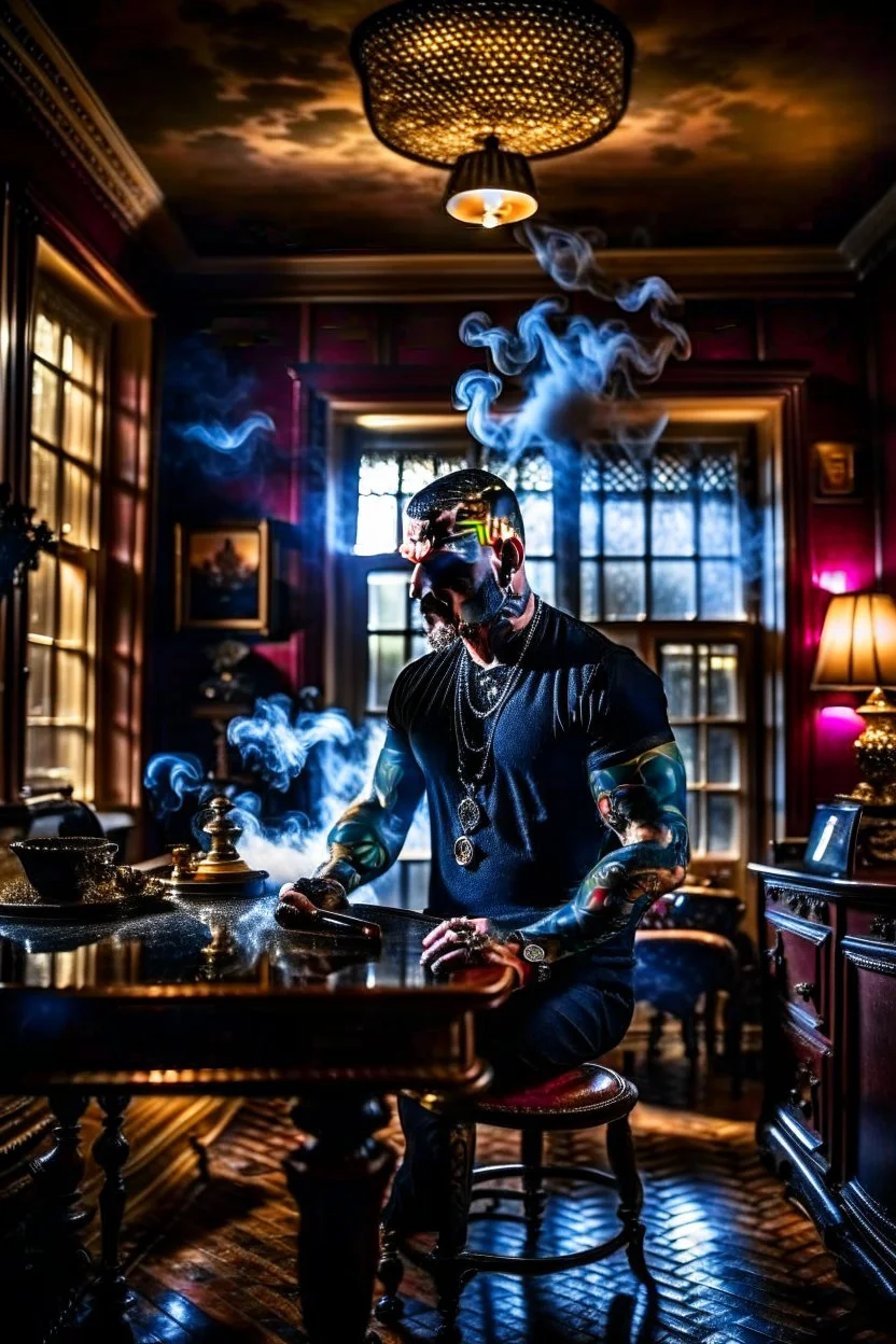 scary tattooist in high end parlor, smoke, mist, lightrays, depth of field, photography