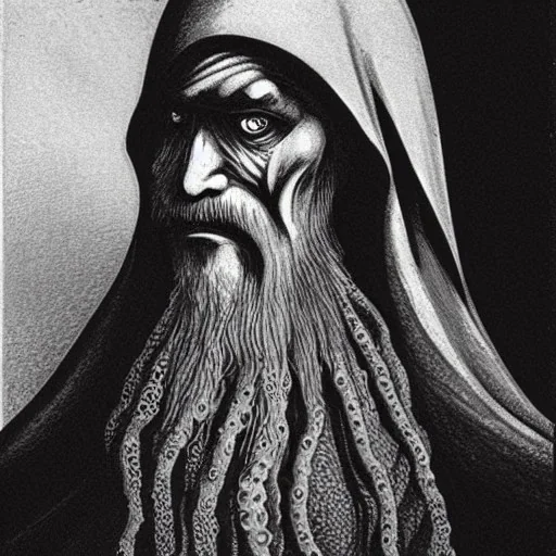 Nosferatu with four yellow eyes with tentacle beard grey skin and vampire fangs as a Russian Orthodox bishop