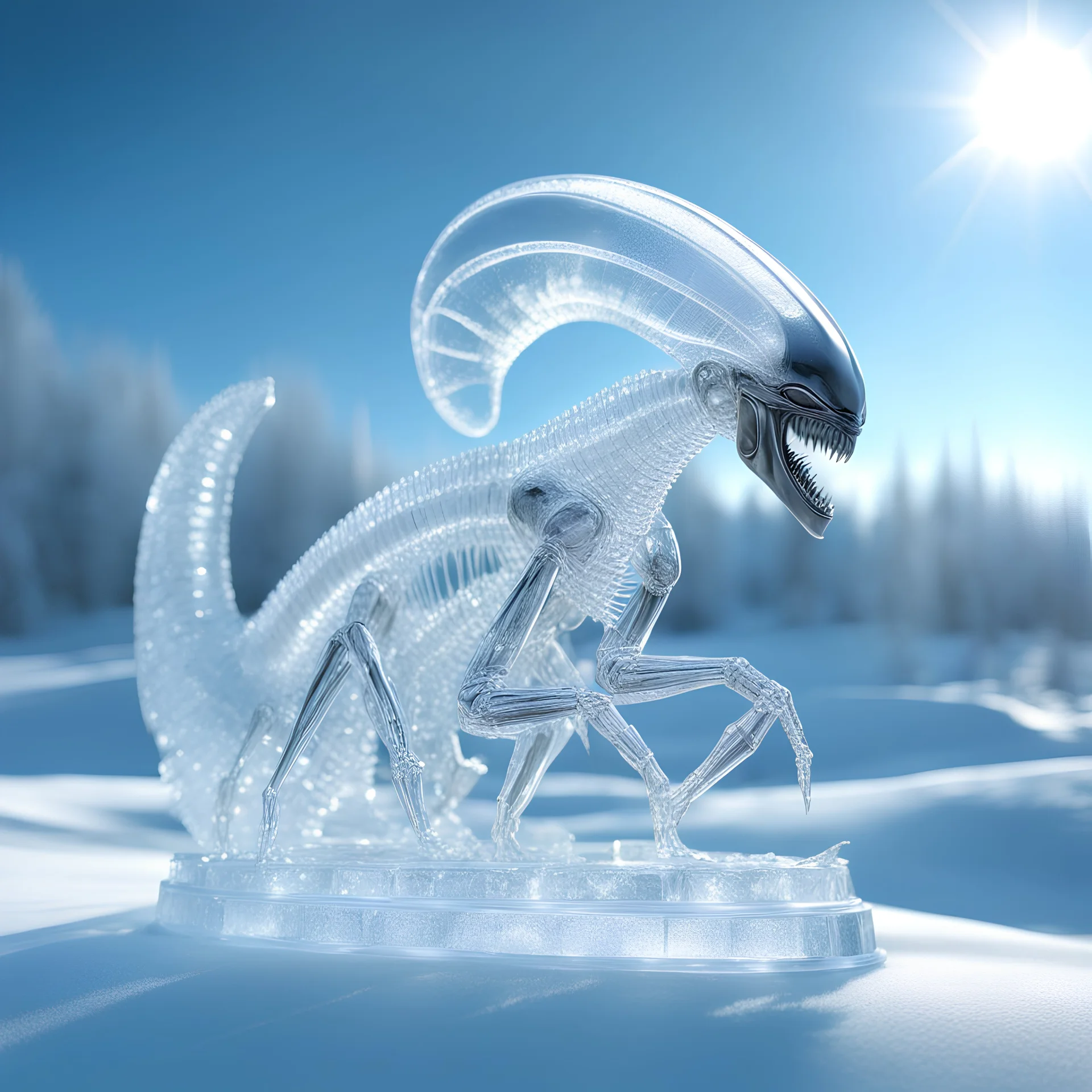 ICE sculpture representing a finely chiseled alien xenomorph in winter landscape, hyperdetailed dynamic lighting intricately detailed morning sunlight shiny bright sparkling sparkling beautiful winter landscape background, ice sculpture, expansive, grand, impossible magnificence, 3d octane render, opulent detail, rule of thirds