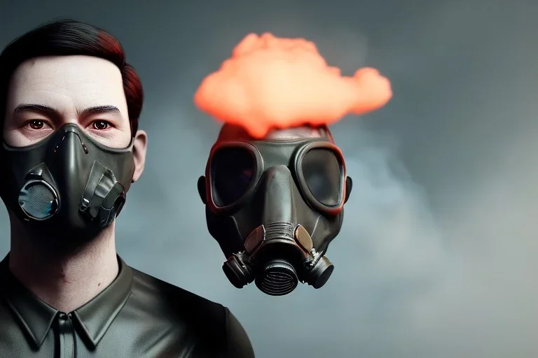 man in gasmask portrait, smoke, storm, brent peterson