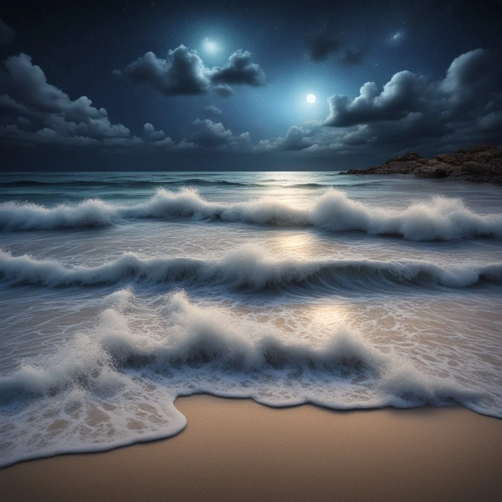 Hyper Realistic waves & seashore beach with night sky