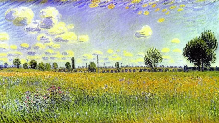 Sunny day, prairie, tree, flowers, alfred sisley painting