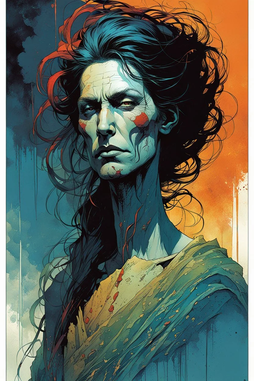 create an imaginative full body print illustration of an ethereal, otherworldly gaunt and withered ancient Romanian female Strigol vampire , in the comic book art style of Bill Sienkiewicz, Mike Mignola, and Jean Giraud Moebius, with highly detailed feminine facial features