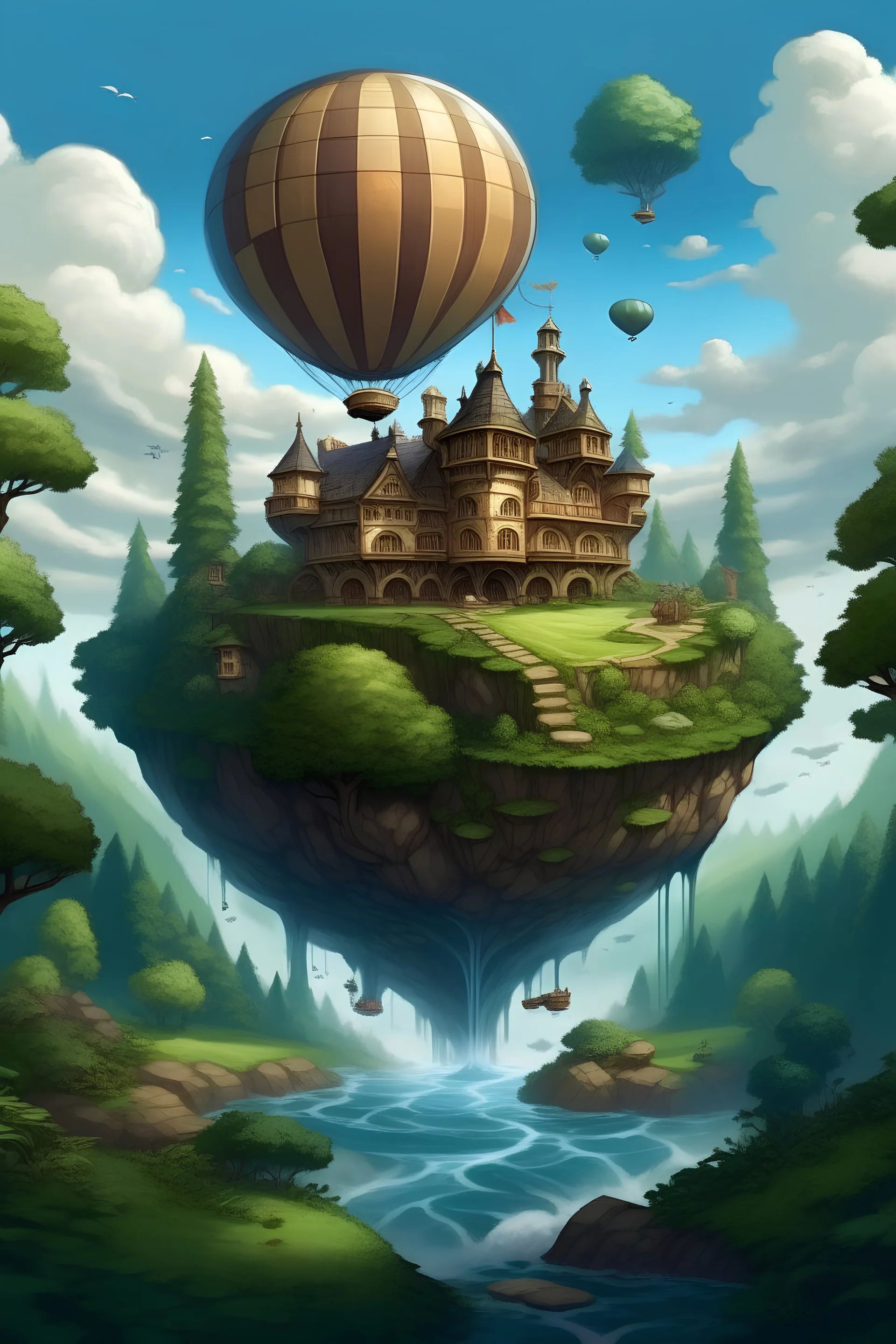 a magica school floating above a forest