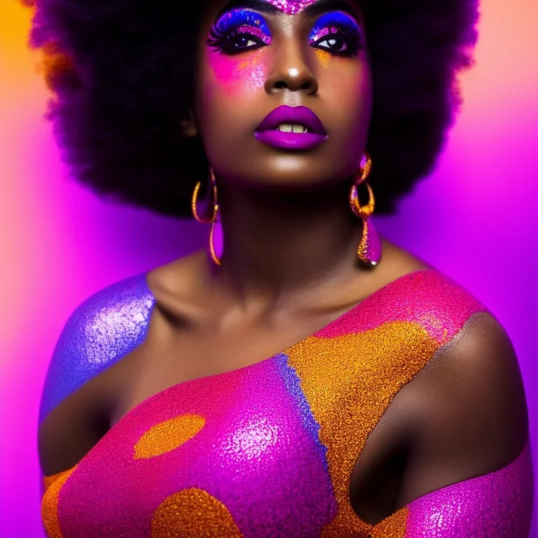 full body shot, masterpiece, best quality, family of three, dark skinned, sparkling eyes, fluorescent skin, colorful makeup, afro, highly detailed body, afrofuturism, scifi, sun light, 4K, RAW, depth of field, high contrast, realistic details, 24mm