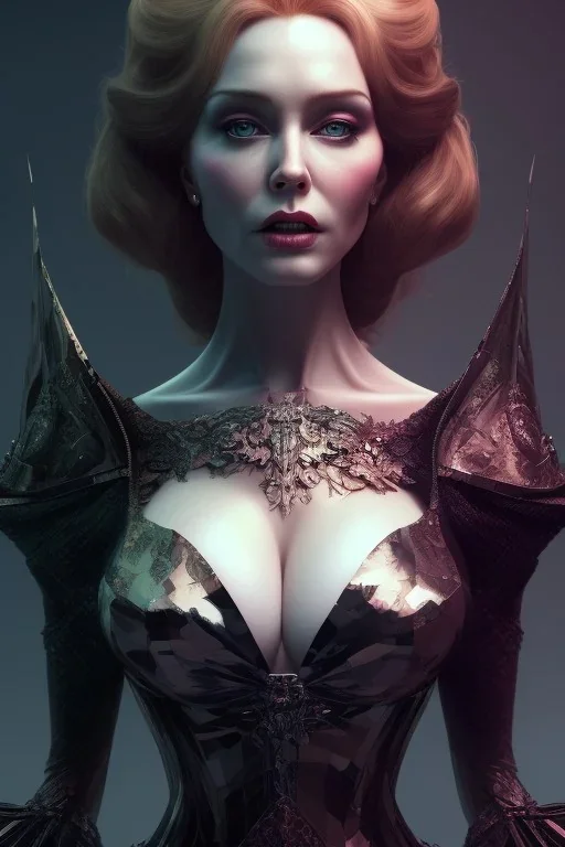 Christina Hendricks as evil queen in black leather, cleavage, angry, stern look. character design by cory loftis, fenghua zhong, ryohei hase, ismail inceoglu and ruan jia. unreal engine 5, artistic lighting, highly detailed, photorealistic, fantasy