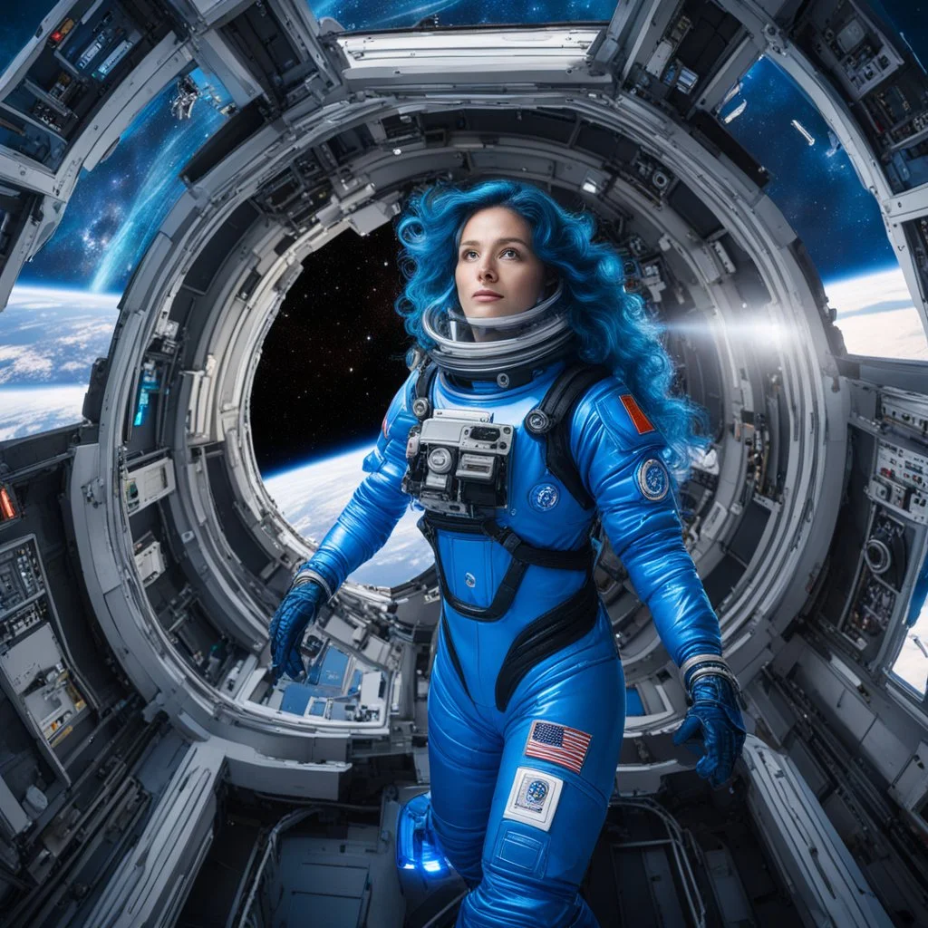 wide-angle photo of a woman in an electric blue spacesuit, with long glowing blue wavy hair, on a space station with views into space