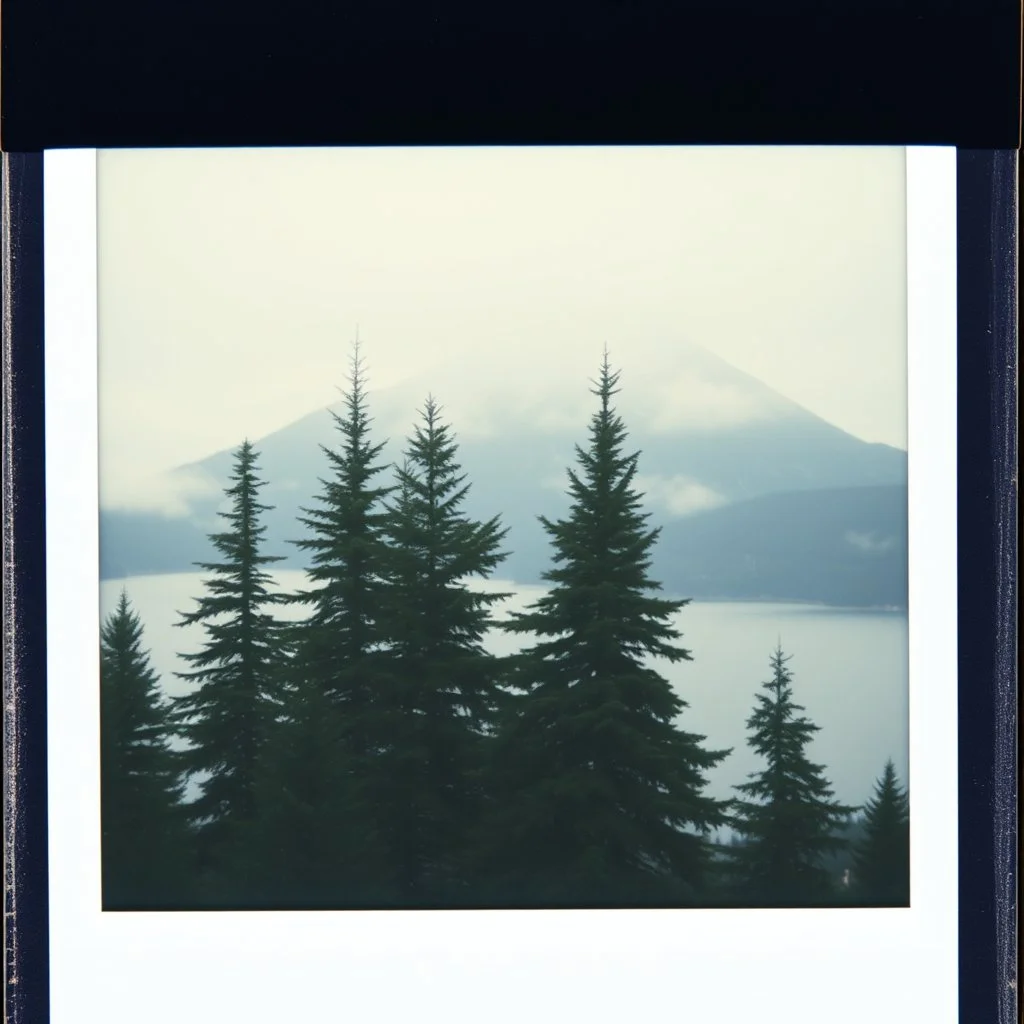 A polaroid photo of a group of fir trees in the background and a high hill in the distance. A lake. Odd dark person. Fog is present.