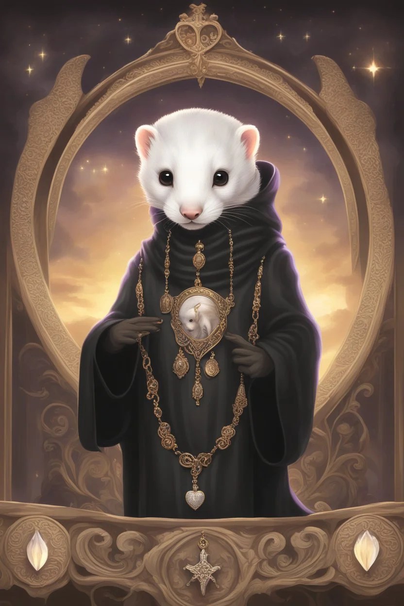 (anthropomorphic white ferret),dressed in ((cleric fantasy)) black clothes with silver holy ornaments, realistic anatomy, posing, cute face, fantasy inspire, bronze and brown color palette church on background, warm sunshine lighty from behind, gloomy atmosphere purple armband, The holy icon style, praying pose, closeв eyes:2.5