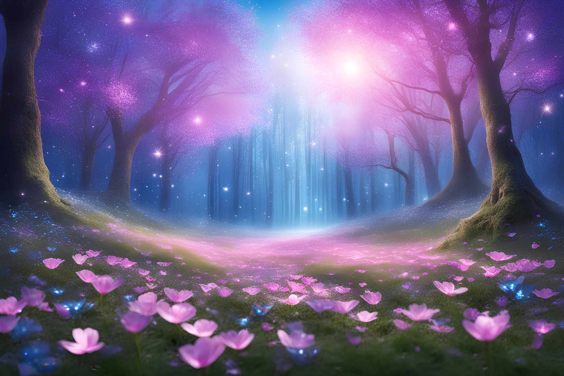 magic brightness diamon in a magic blue and pink lawn in a fairy forest, with lightness sky