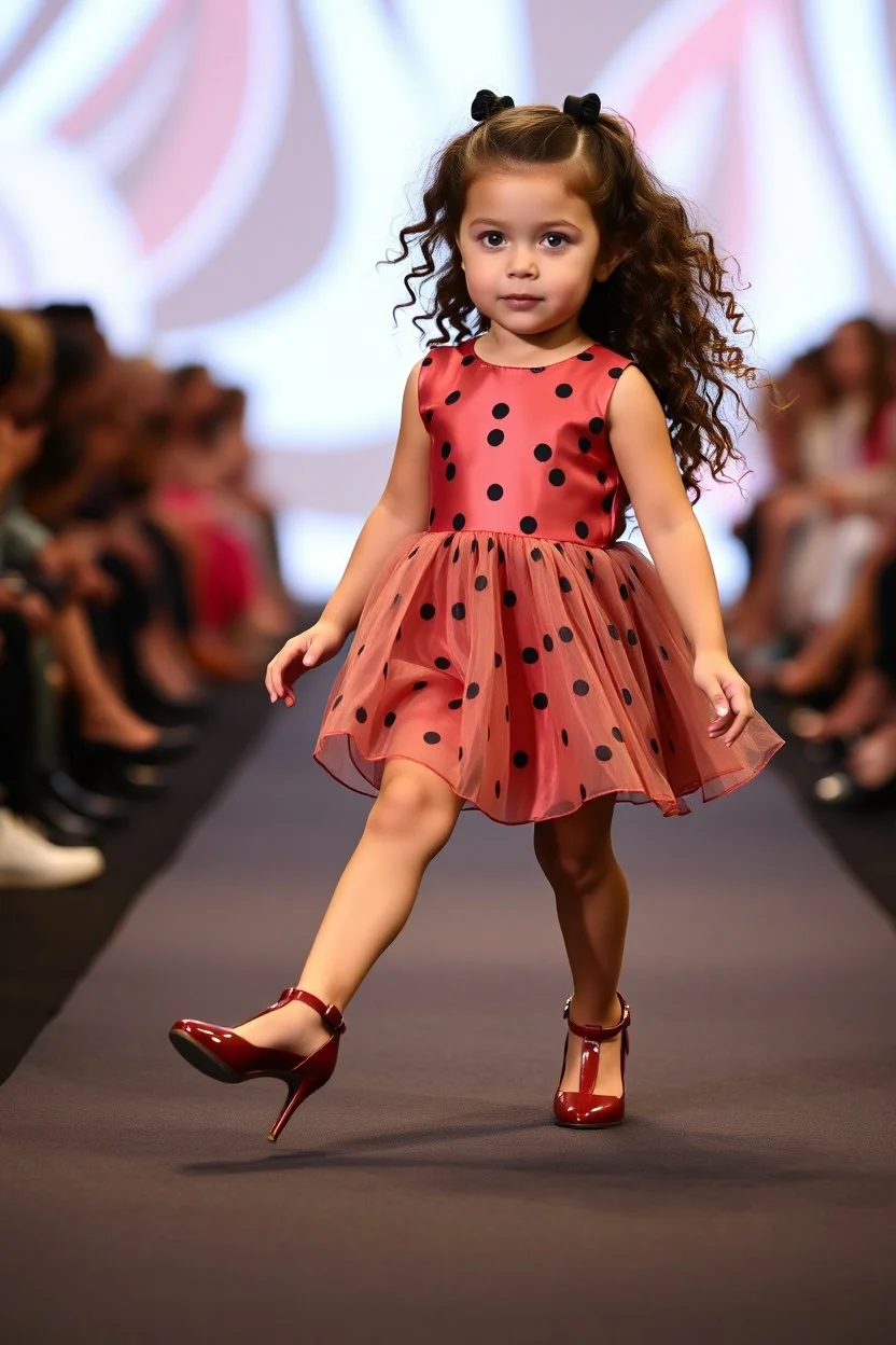 2 years old baby girl fashion model with high heels ,curvy wavy hair ,cat walks in runway