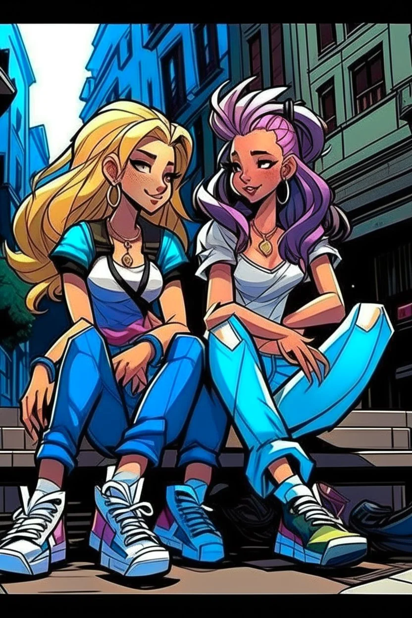 çizgi roman tarzıiki kız beraber sokakta oturuyorlar yaşları daha büyük liseliler daha renkli kızlardan birinin saçı kabarık diğerininki ise biraz uzun geniş açı ikisininde vücudu tam görünsün 2 boyutlu çizgi roman tarzı koyu gölgelendirme ayakları düzelt 3 boyutlu biraz daha üç boyutlu