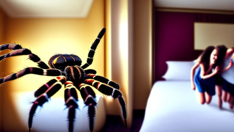 2 girls running in hotel room because of escaped tarantula