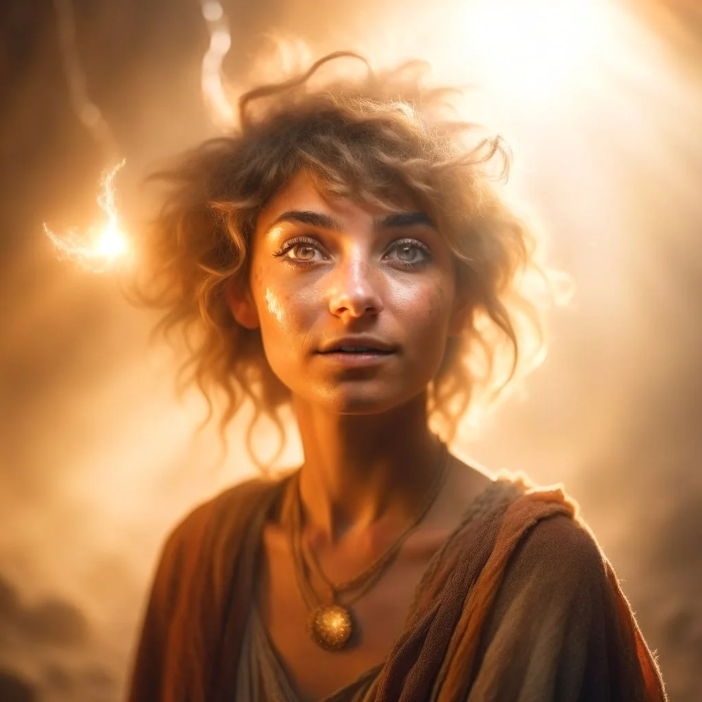 portrait of brown hippie pixie hovering in the underground grove sparkling light dust, in the style of dali, 8k, down-light, soft light, depth of field, photo realism, trending on art station, high detail, smoke and fog