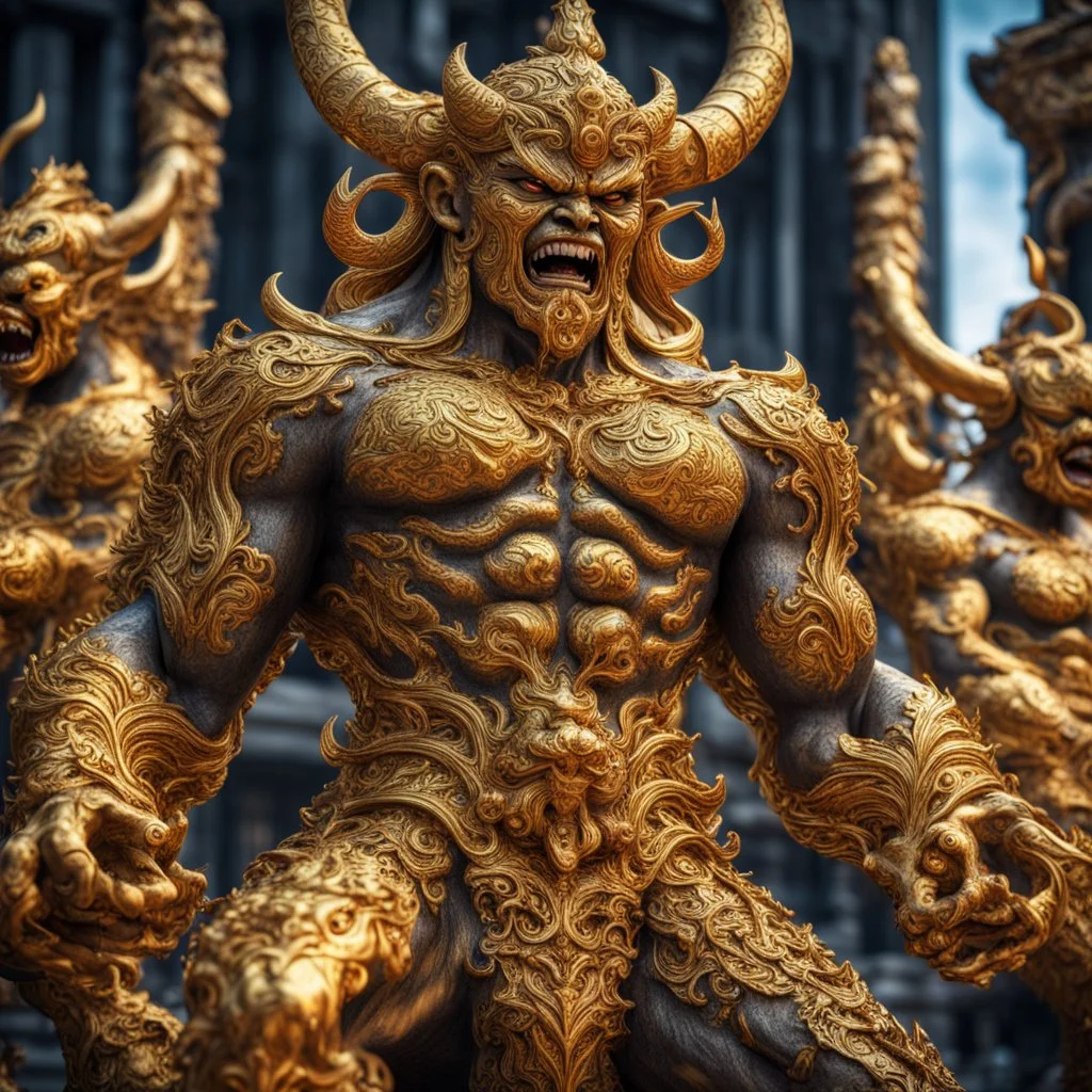 giant Golden demon statues, action scene, Professional photography, high contrast, bright vibrant colors, dark tone, high highlights, Intricate Patterns, Ultra Detailed, Luminous, Radiance, beautiful, Ultra Realism, Complex Details, Intricate Details, 8k, HDR, High Quality, Trending On Artstation, Sharp Focus, Studio Photo, Intricate Details,