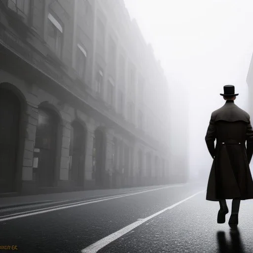 a man wearing a trench coat and hat walking down the street of london, lots of fog, dramatic, dramatic lighting, volumetric lighting, hyperrealism, 8k, high quality, photorealistic, lot of details