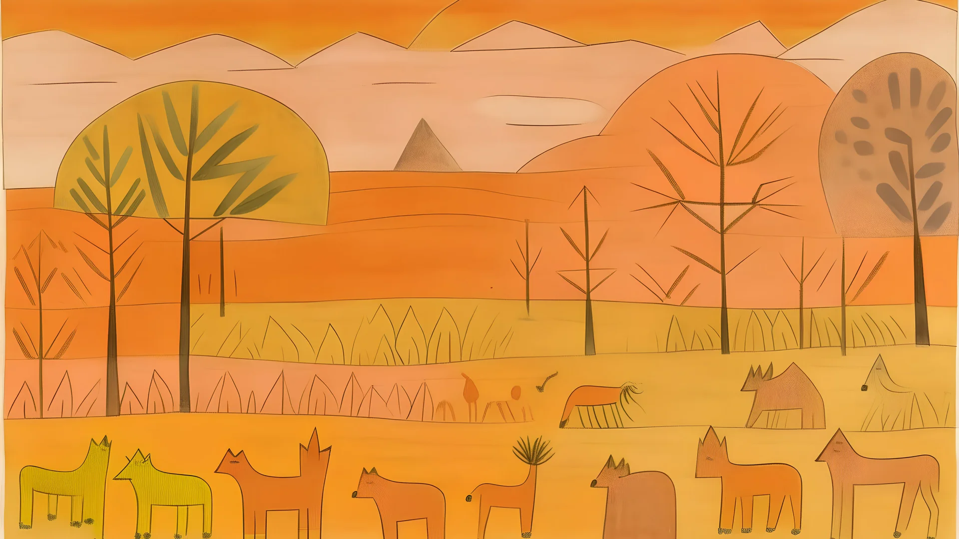 A light rosy orange colored savanna with animals painted by Paul Klee