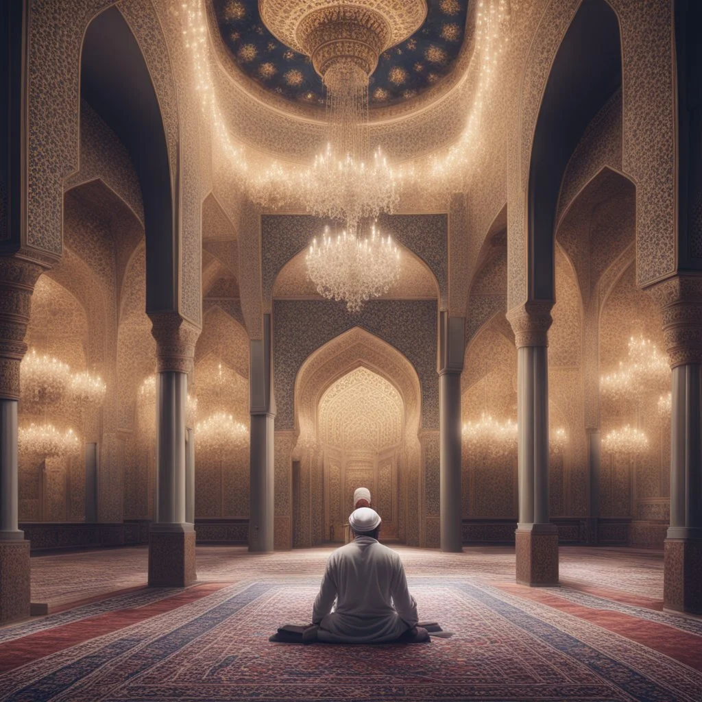 Hyper Realistic man doing sajdah inside a beautifully crafted mosque with fancy walls & pillars, chandeliers & beautiful carpet at night