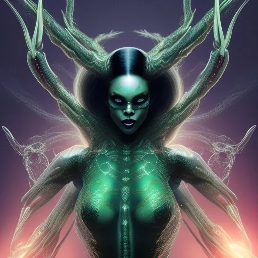 This spider woman is a formidable creature, with the body of a human woman and the head and legs of a spider. Her skin is covered in shimmering black scales, and her eyes glow a bright, otherworldly green. She is fast and agile, able to climb walls and ceilings with ease. She has venomous fangs and sharp claws, and she can spin webs of magical energy to ensnare her enemies. She is intelligent and cunning, and she is feared by all who encounter her in the realm of fantasy. She is often summoned b