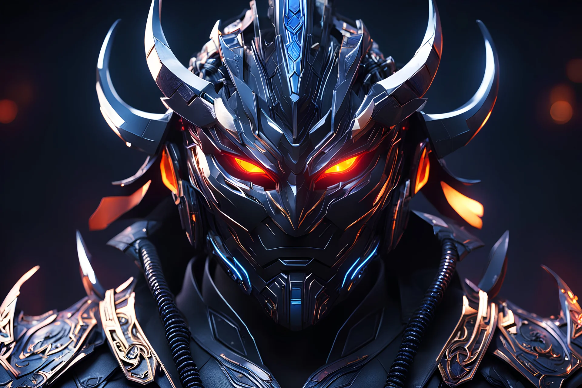 oni machine in 8k solo leveling shadow artstyle, ronin costum, cozmic mask, dynamic pose, oshare kei, hurufiyya, rtx , neon lights, intricate details, highly detailed, high details, detailed portrait, masterpiece,ultra detailed, ultra quality