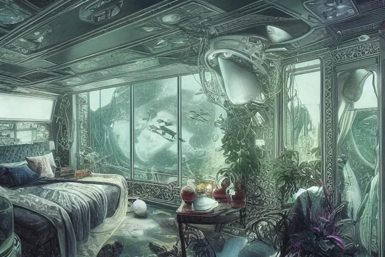 interior of a bedroom on a spaceship, in the background is large window showing a view of outer space, lush plants are spread around the room, intricate, elegant, highly detailed, smooth, sharp focus, detailed, high contrast, graphic novel, art by ardian syaf