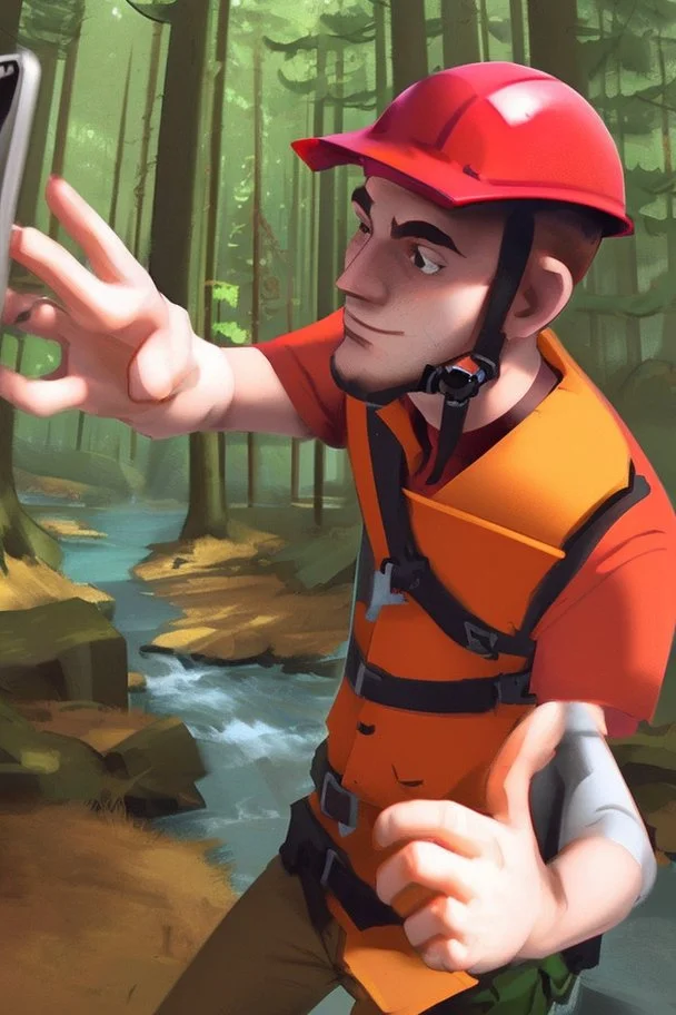 Red vested TF2 engineer taking a selfie at the forest