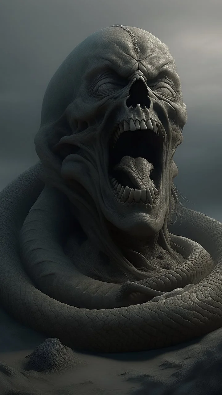 A big statue of a head in the sand huge mouth open and out of it a lot of snakes and spidrs,surrealism of the dark of a nightmare ten miles high and six foot deep, hyper photorealistic, hyper detailed dark art color, high resolution, fog, octane render, tilt shift, HDRI Environment, all pictures dark gray