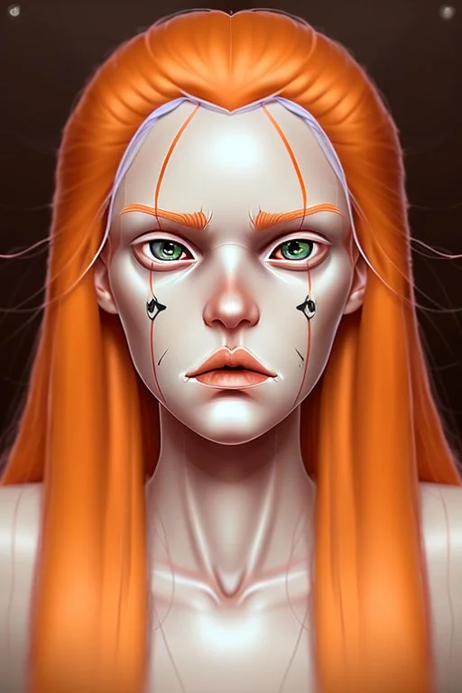 fantasy setting, woman with orange and white hair, tall and frail, soft facial traits, well outlined lips