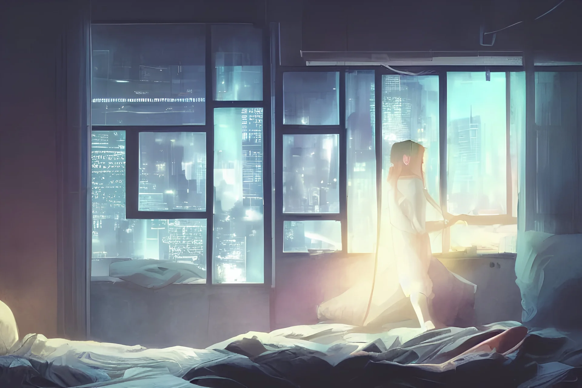 single character staring out window to city on bed, very dark room, scifi tech city apartment, cyberpunk, scifi, high tech, dark night lighting, god rays, neon advertisements, rule of thirds, digital art, smooth, vibrant watercolor, wenjun lin, pixiv, artgerm, greg rutkowski, yuumei, wide shot, film grain