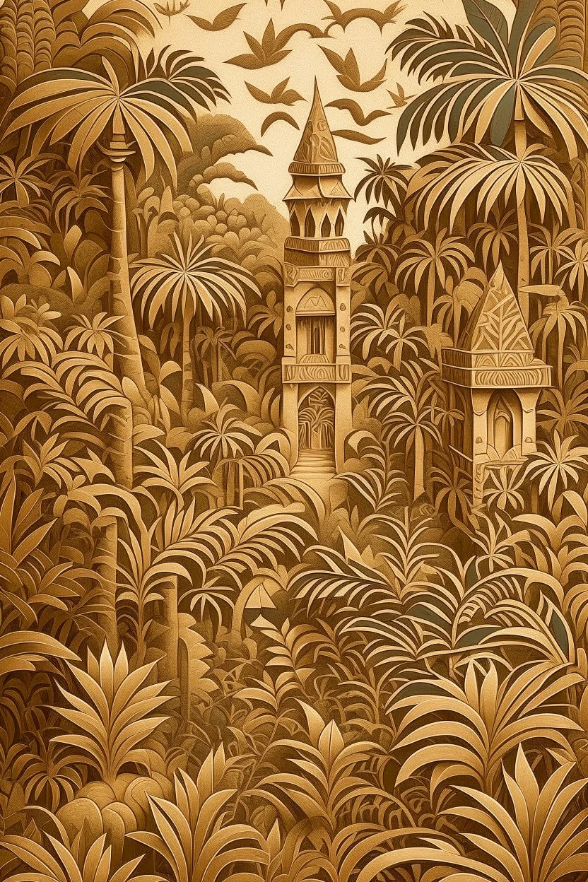 A brown and light tan jungle with a temple designed in Australian aboriginal art painted by MC Escher