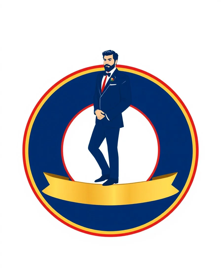 A circular logo with a vector of a groom in a suit at the top of the logo in a blue, red, white and gold color theme.