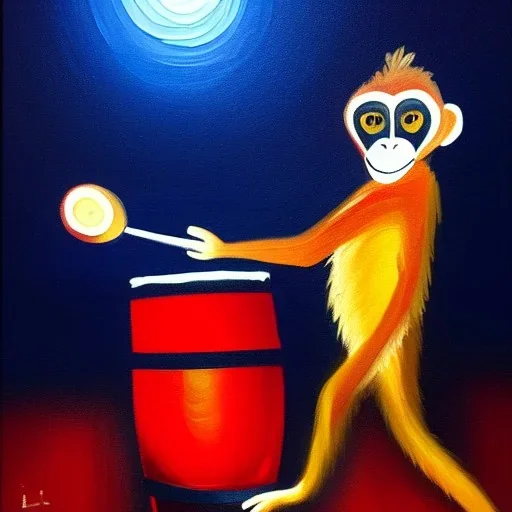 A monkey playing the drums, london at night, oil painting