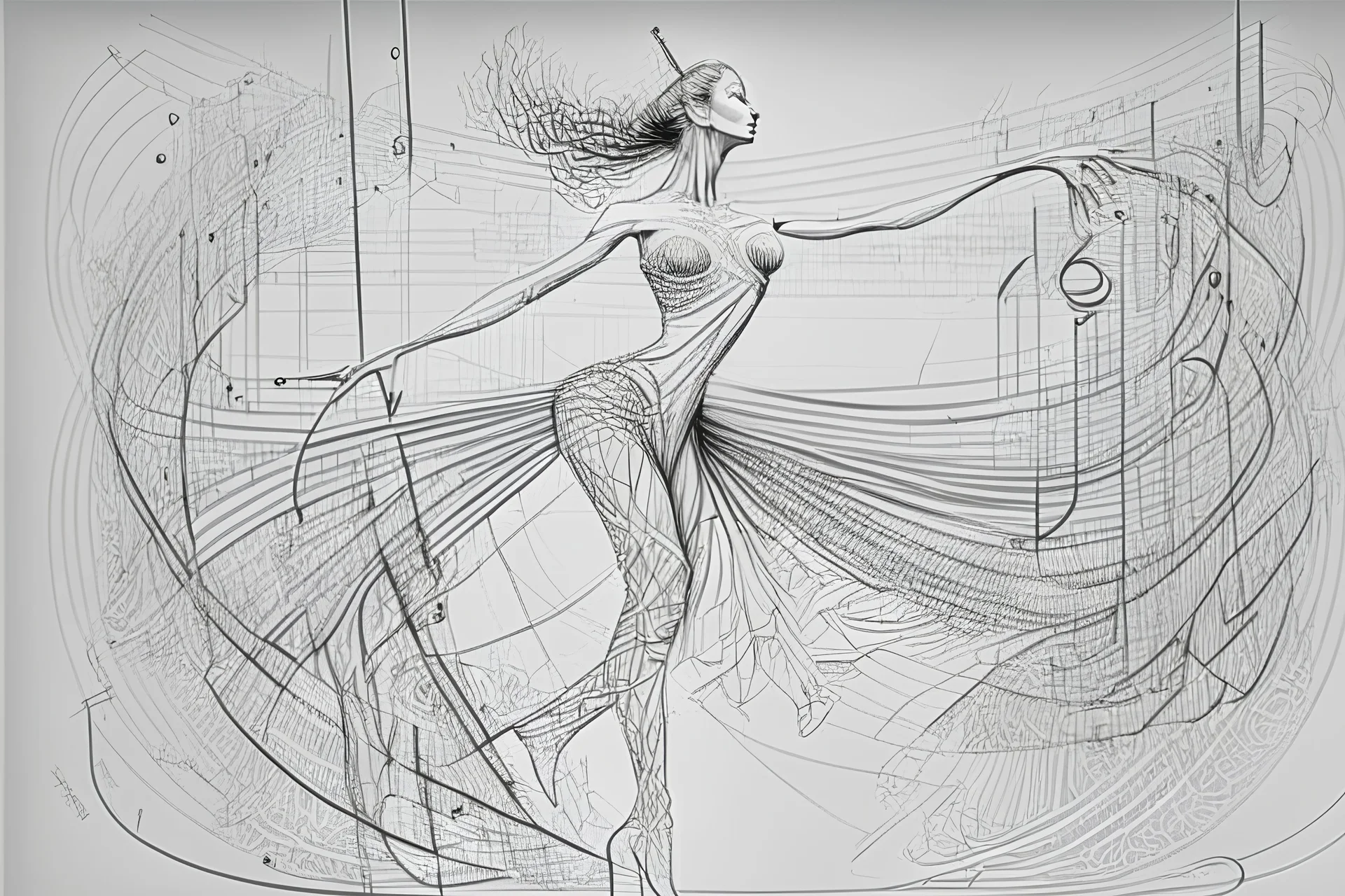 line drawing, of a beautiful realistic graceful dancing woman, made exclusively of music symbols, background is horizontal parallel lines like staffs and piano keys at bottom, symbols are discernible, overall exquisitely detailed, elegant, extremely intricate, high definition, dope, innovative, line art, contemporary art, fractal pencil drawing,