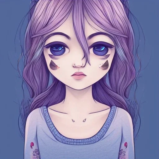 fish princess, smooth soft skin, big dreamy eyes, beautiful intricate colored hair, symmetrical, dead eyes, emotionless face, long white hair, short, cute, Line art, small girl,three Girl, hair blue, short hair, óculos redondo, sueter,