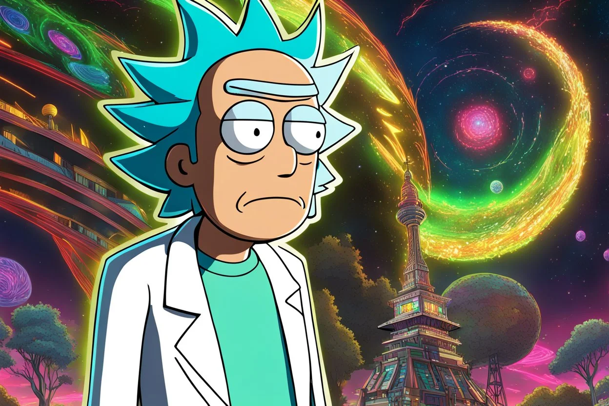 Rick in 8k anime realistic drawing style, Rick and morty world, close picture, neon, intricate details, highly detailed, high details, detailed portrait, masterpiece,ultra detailed, ultra quality
