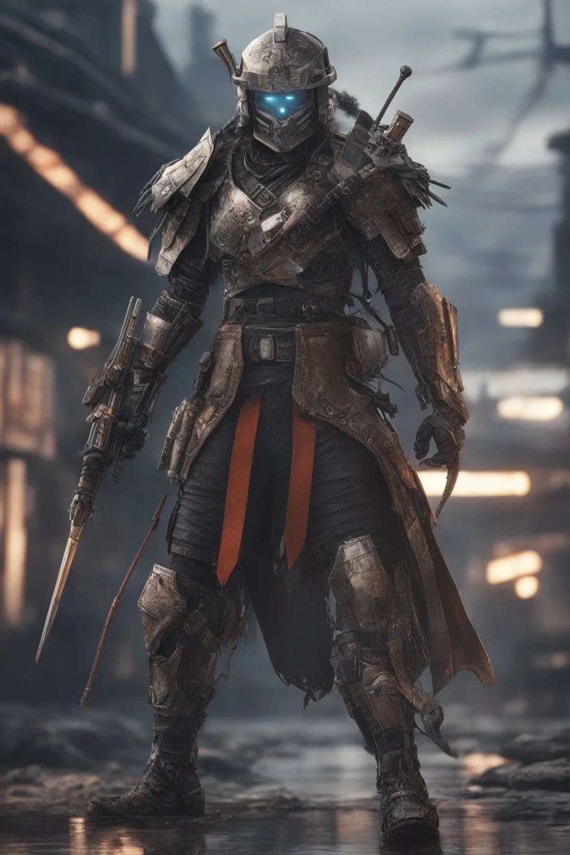 image of Anime depiction of a cybernetic samurai in a post-apocalyptic setting, focusing on the intricacies of the armor and weaponry, 8k hyper realistic