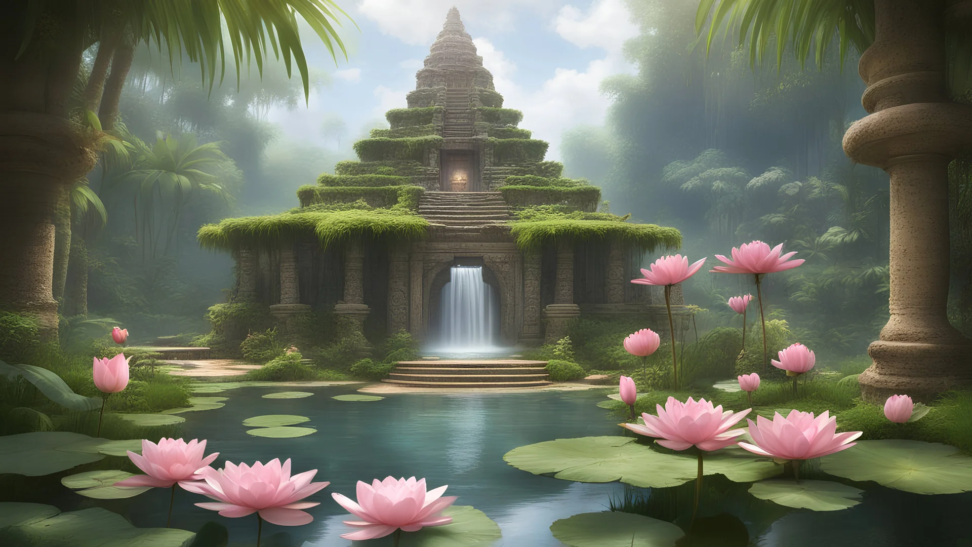 temple mayan in jungle palms, small lake with water lilies and river with a few very small waterfall in the watercourse, very pretty little flowered bridge with pink roses, very small fairies with pretty transparent wings, (very pretty shrubs++), grass well-cut green and small flowers of all colors, small dome-shaped house