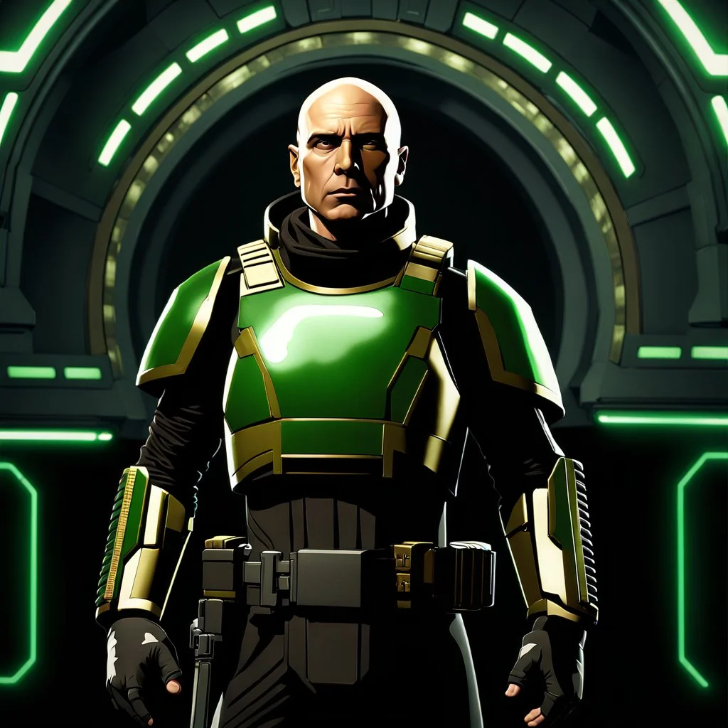 star wars bald male corellian jedi pilot wearing black and olive drab old republic armored flightsuit with gold trim inside the jedi temple holding a lightsaber with viridian green blade in left hand, centered head and shoulders portrait, hyperdetailed, dynamic lighting, hyperdetailed background, 8k resolution, volumetric lighting, light skin, fully symmetric details